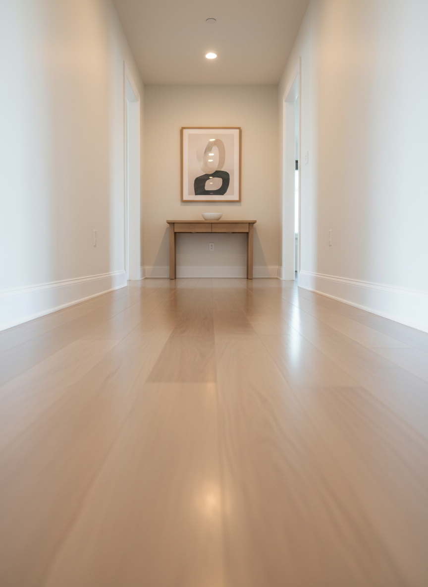 An immaculate hallway in a contemporary Northwest Arkansas home, featuring freshly mopped light oak flooring with a smooth satin finish, free of footprints or smudges. Baseboards are bright white, with crisp edges and no visible dust. A simple console table with a perfectly aligned decorative bowl and a single neutral-toned framed artwork hangs above, all precisely centered. Soft overhead recessed lighting creates even illumination, while faint daylight from a distant doorway adds dimension. Captured from a low, slightly forward-facing angle, the long, clean lines of the hallway draw the eye into the space. The mood is orderly and composed, with a minimalist, photographic corporate aesthetic that conveys reliability and consistent cleaning quality.