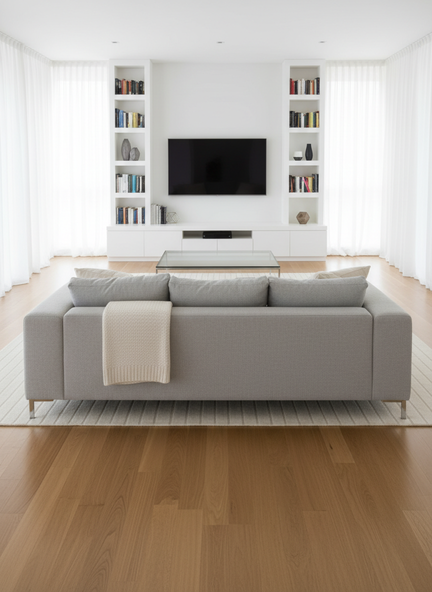 A spotless, modern living room interior freshly cleaned, featuring a low-profile light gray fabric sofa, a neatly folded cream throw, and a glass-top coffee table free of any clutter. The hardwood floor has a subtle sheen, with crisp vacuum lines in a pale textured area rug. In the background, a minimalist white media console and built-in shelves show perfectly aligned books and decor. Soft natural daylight filters through large, sheer-covered windows, creating gentle reflections on the polished surfaces. Photographed at eye level with sharp focus and balanced composition, the mood is calm, orderly, and professional, emphasizing photographic realism, clean lines, and a corporate, trustworthy aesthetic ideal for a house cleaning service homepage hero image.