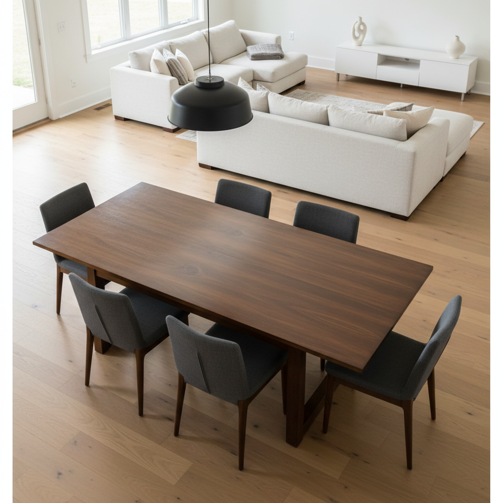 An organized, freshly cleaned open-plan living and dining space in a Bentonville home, featuring a polished wood dining table with a smooth, reflective finish, centered beneath a simple, modern pendant light. Chairs are perfectly aligned, and the table surface is completely free of crumbs or streaks. In the background, a tidy living area with a neutral sectional sofa and a clutter-free media unit reinforces the sense of order. Large windows off-frame cast soft, natural light across the room, highlighting dust-free surfaces and creating gentle shadows. Photographed from a corner at a slightly elevated angle, the image captures depth and structure, with a calm, professional mood suited to a high-end house cleaning service.