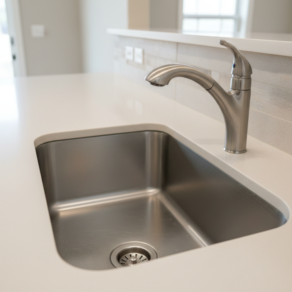 A close-up detail shot of a spotless stainless steel kitchen sink and faucet in a Fayetteville home, showing the subtle brushed-metal texture and flawless, streak-free shine. The basin is empty and perfectly dry, with no water spots along the drain or edges. A pale quartz countertop surrounds the sink, completely clear of items, emphasizing cleanliness. Overhead recessed lighting and indirect window light create precise highlights along the faucet’s curves and soft gradients across the metal, while a shallow depth of field gently blurs the neutral backsplash. The composition follows the rule of thirds, with a clean, minimalist, photographic style that communicates meticulous attention to detail and professional cleaning quality.