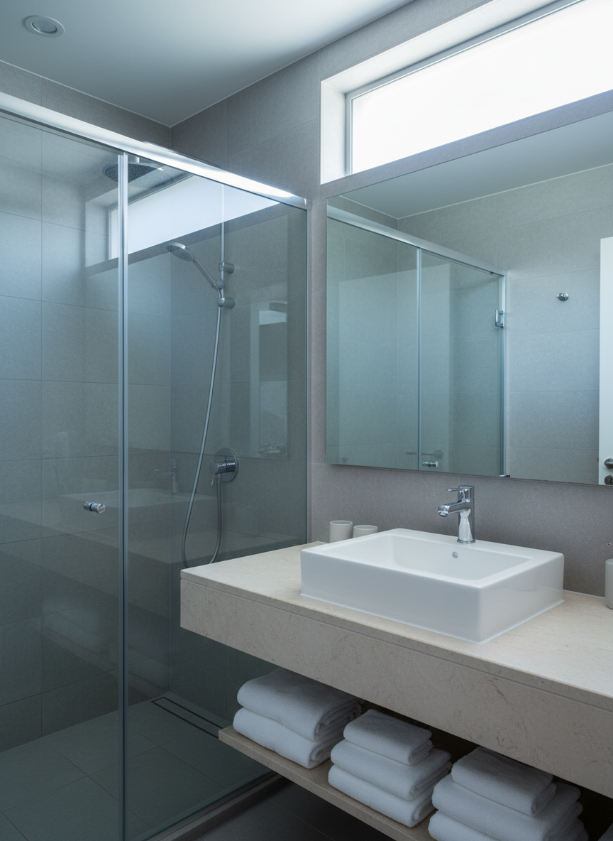 A meticulously cleaned bathroom featuring a frameless glass shower enclosure without a single water spot, a white rectangular sink set in a pale stone vanity, and neatly folded white towels stacked with precision. Chrome fixtures gleam against soft gray tile walls and a spotless mirror reflects the uncluttered space without streaks. Cool, diffused natural light enters from a frosted window, complemented by soft overhead lighting, creating subtle highlights on the polished surfaces and gentle, controlled shadows. Shot at eye level with a tight, balanced composition and sharp focus throughout, the atmosphere feels hygienic, serene, and professionally maintained, illustrating premium house cleaning results in a realistic, modern, and structured style.