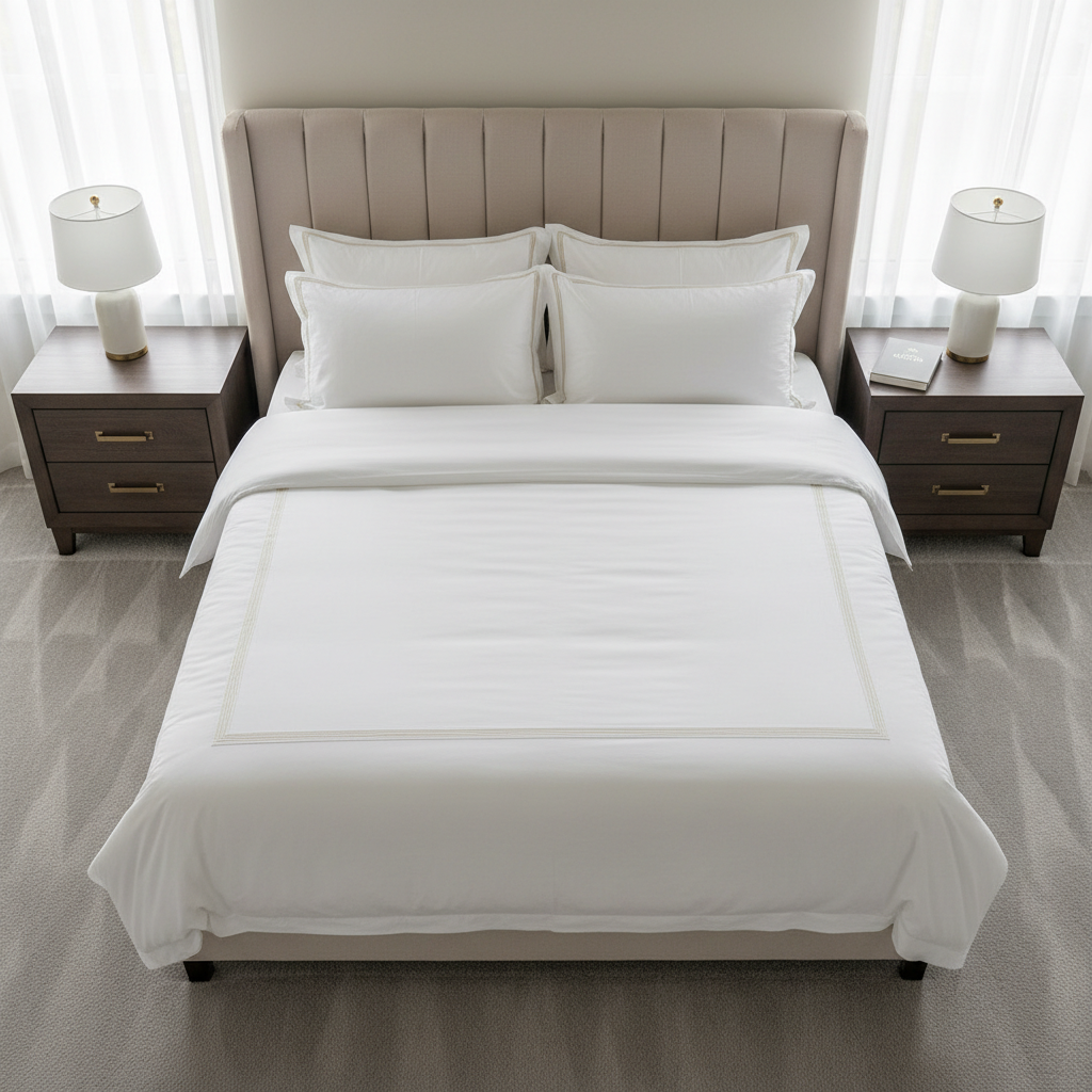 A bird’s-eye view of a freshly cleaned bedroom in a Northwest Arkansas home, showing a neatly made bed with a smooth, wrinkle-free white duvet, perfectly aligned pillows, and a soft beige upholstered headboard. Matching nightstands on each side display minimal, orderly decor: a closed book, a small neutral ceramic lamp, and nothing out of place. The carpet beneath shows clear, straight vacuum lines in a subtle geometric pattern. Natural afternoon light filters through sheer curtains, creating an even, gentle brightness with minimal shadows. The composition is symmetrical and structured, emphasizing photographic realism and a professional, corporate aesthetic that communicates precision, reliability, and the satisfaction of a thoroughly cleaned home.