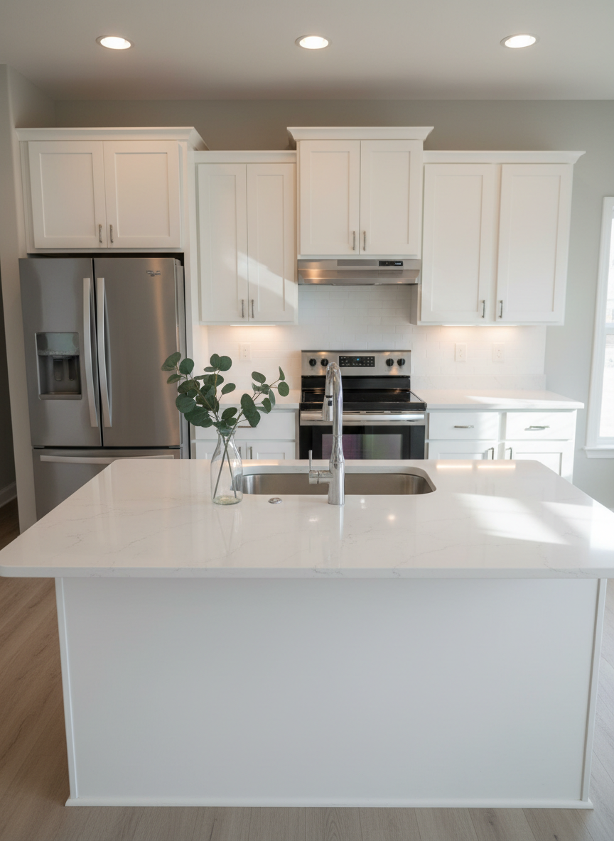 A pristine, recently cleaned kitchen with smooth white shaker cabinets, stainless steel appliances, and a flawlessly polished quartz countertop stretching across the frame. The sink area gleams, with a dry, streak-free chrome faucet and empty, neatly arranged basin. A single clear glass vase with green foliage adds a subtle accent on the counter. Under-cabinet LED lighting combines with diffused daylight from an unseen window, casting soft, controlled shadows and emphasizing the spotless surfaces. Shot from a slightly elevated angle with a wide lens, the image highlights order and structure, with symmetrical composition and photographic realism that communicates meticulous, professional cleaning results for Northwest Arkansas homes.